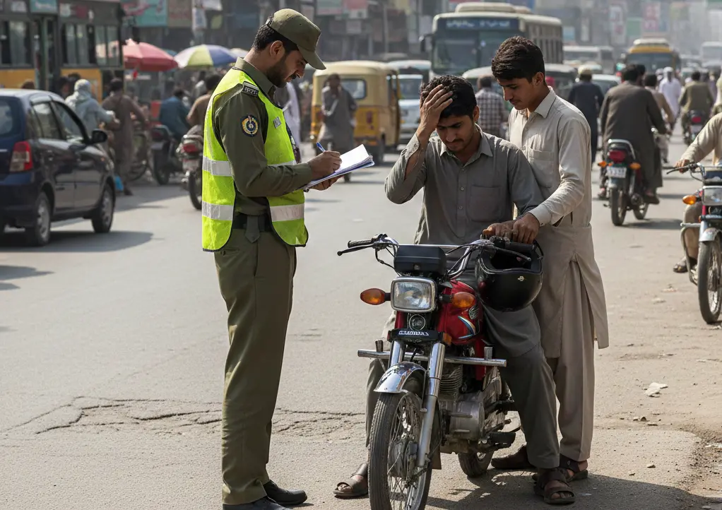 Traffic warden issueing challan for not wearing helmet