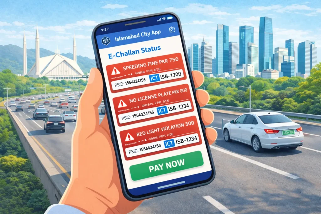 Mobile showing E-challan on ICT registered number vehicle